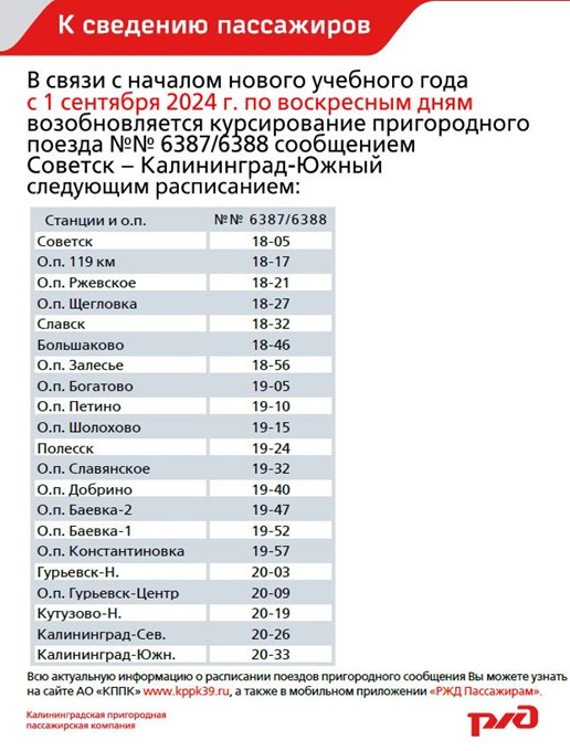 Возобновляется курсирование вечернего поезда из Советска в Калининград